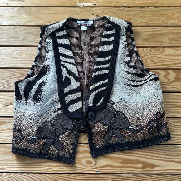 Vintage It’s In The Bag Button Front Vest Size 2 Unge Potch Key Jungle Zebra - Picture 1 of 5